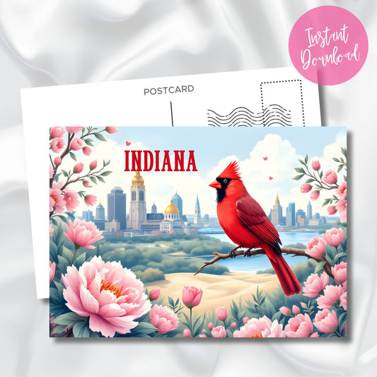 Digital download Indiana souvenir postcard with state symbols - vibrant red cardinal and pink peonies surrounding Indianapolis skyline view. Features soft blue skies and instant download badge.