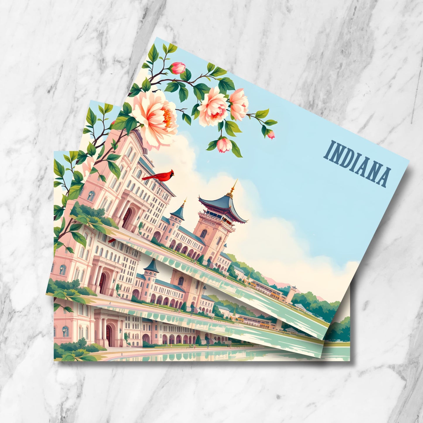 Vintage-style Indiana postcard featuring iconic pagoda architecture with pink-tinted buildings, decorated with peach peonies and red cardinal. Asian-inspired towers and arched facades reflected in soft morning light.