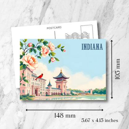 Indiana architectural postcard with size specifications (148x105mm/5.67x4.13 inches). Shows historical pagoda building with peony blooms, cardinal bird, and standard postcard layout against marble background.