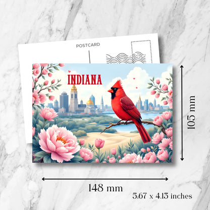 Indiana postcard showing dimensions (148x105mm/5.67x4.13 inches) featuring state bird cardinal against Indianapolis cityscape, framed by state flower peonies, with standard postcard template.