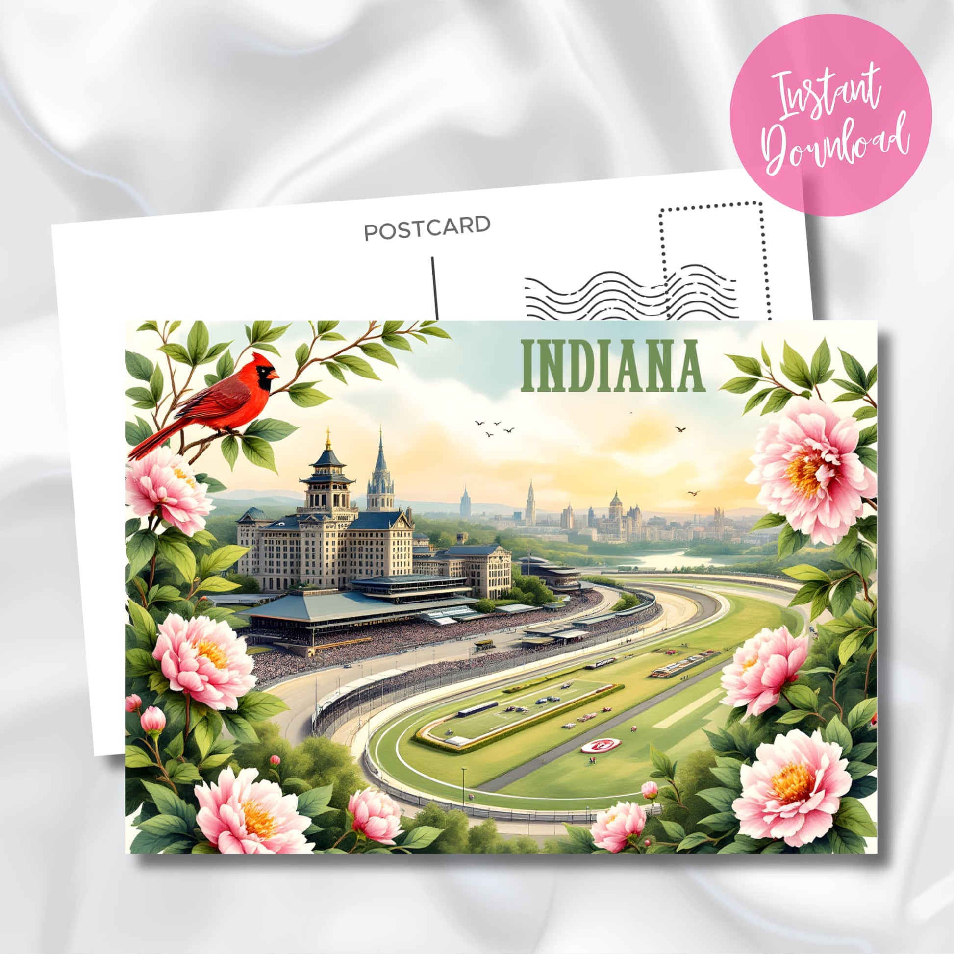 Digital download Indiana postcard featuring sunset view of Indianapolis Motor Speedway. Decorated with state bird cardinal and peony flowers, showing racing heritage with historic architecture and track layout.