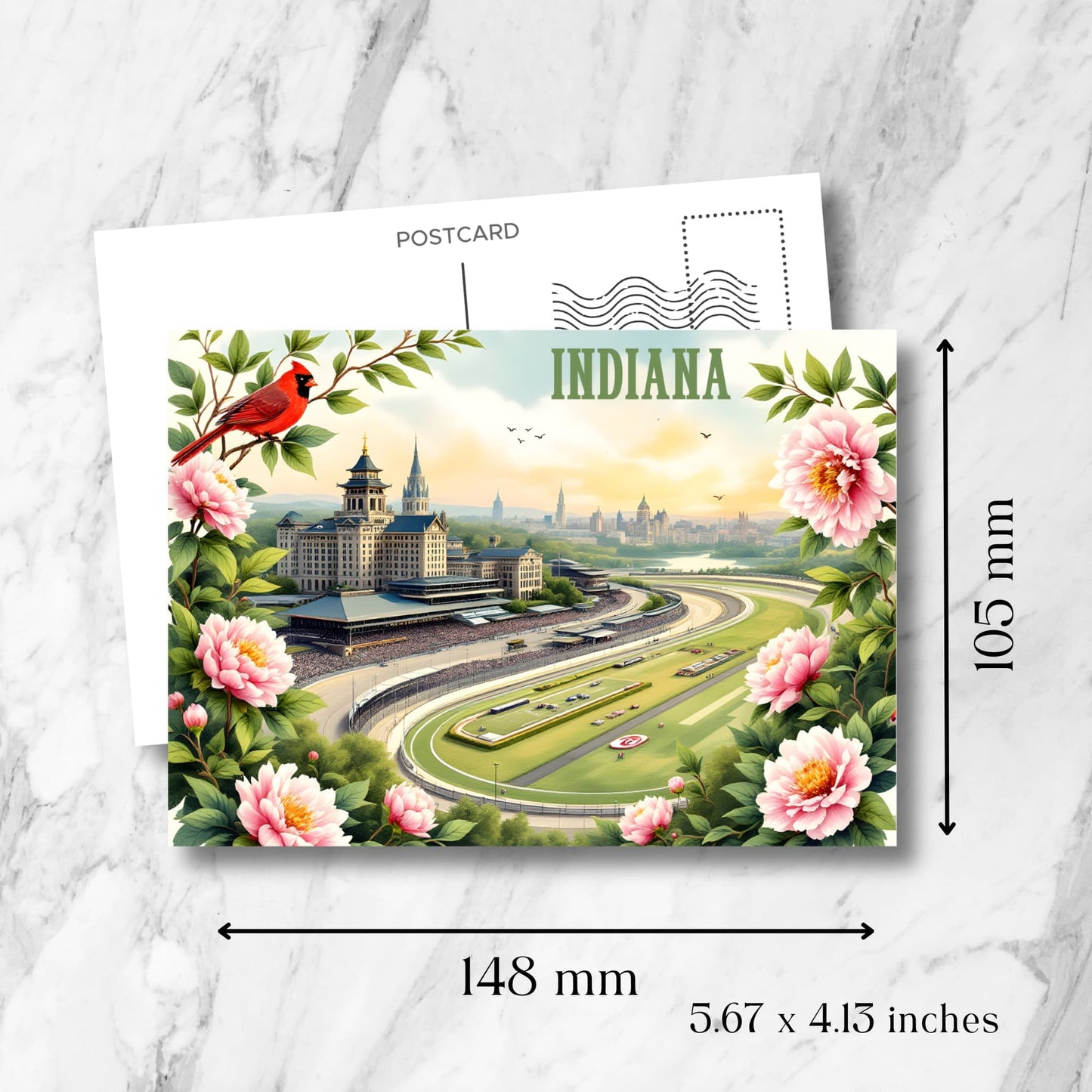 Indiana racing postcard size specifications (148x105mm/5.67x4.13 inches) showing Indianapolis 500 track illustration with red cardinal, pink peonies, and standard postcard template layout.