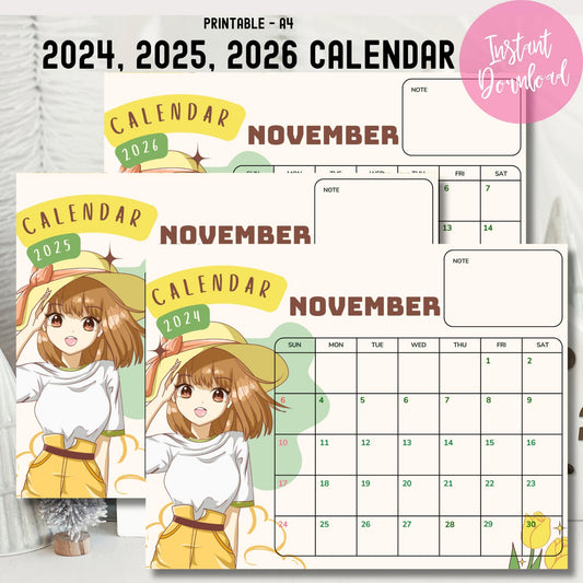 A4 printable November calendar bundle 2024-2026 with instant download badge, featuring hand-drawn anime character design and modern typography on white