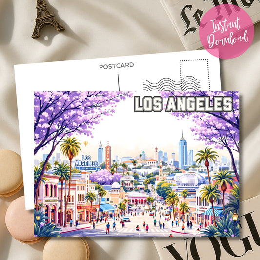 Instant download California desk art featuring Los Angeles skyline framed by purple jacaranda blossoms