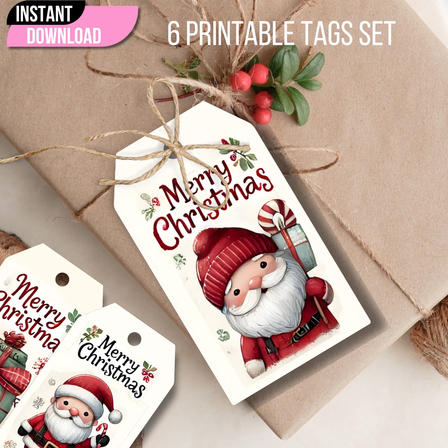 Printable Christmas gift tag with jute twine bow and holly berries showing Santa design and instant download banner, styled on kraft paper background