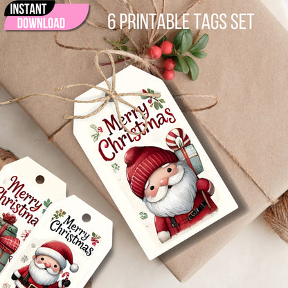 Printable Christmas gift tag with jute twine bow and holly berries showing Santa design and instant download banner, styled on kraft paper background