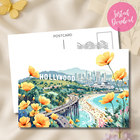 Instant download Hollywood desk art featuring California cityscape framed by vibrant orange poppies