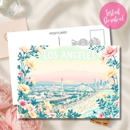 Instant download Los Angeles desk art featuring Hollywood beach scene framed by pink wildflowers.