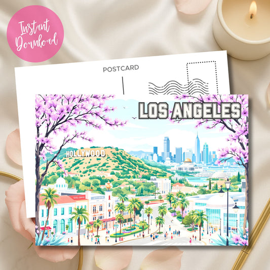 Instant download Los Angeles desk art featuring downtown skyline framed by purple jacaranda blossoms