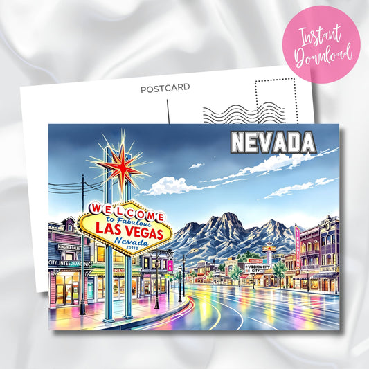 Colorful Nevada postcard with “Welcome to Las Vegas” sign, glowing neon skyline, and instant download icon in corner.