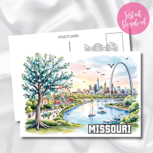 Instant download Missouri postcard art with skyline view, gateway arch, riverside amusement park, and sailboats on water.