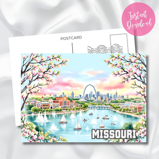 Instant download Missouri postcard with sailboats, floral borders, sunset skyline, and riverfront view with iconic arch