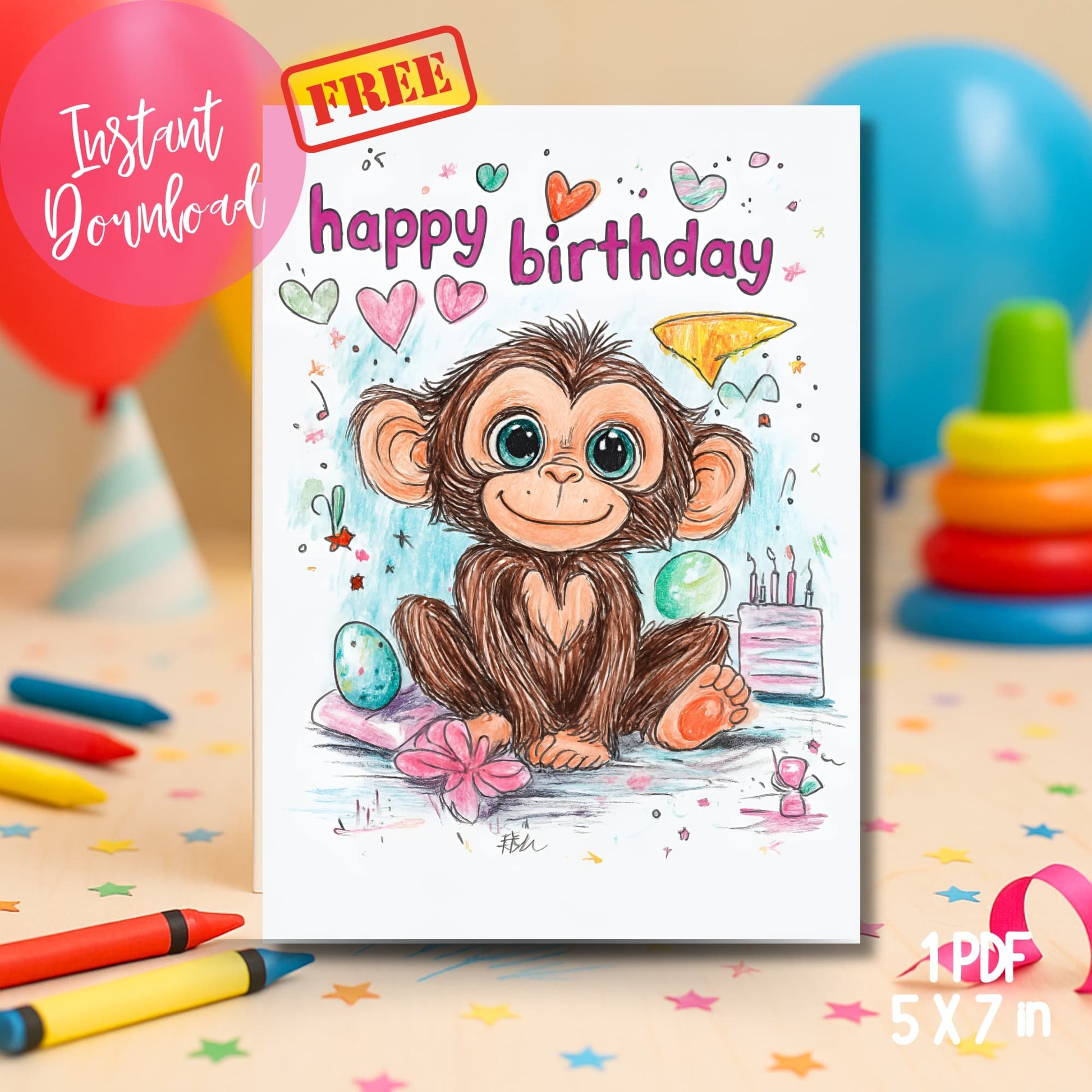 Monkey birthday greeting card instant download surrounded by colorful crayons and art supplies