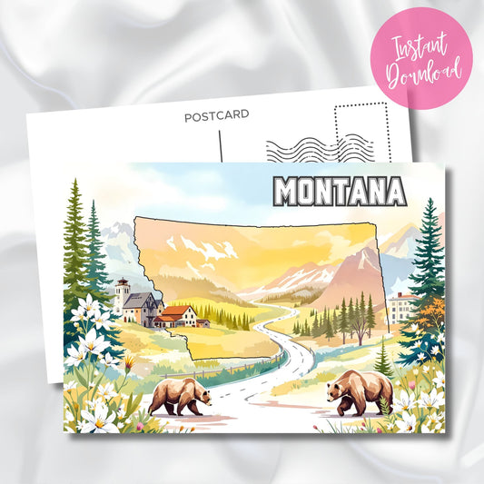 Instant download Montana postcard featuring bear pair, alpine lodges, daisy fields, and winding mountain road inside state outline.