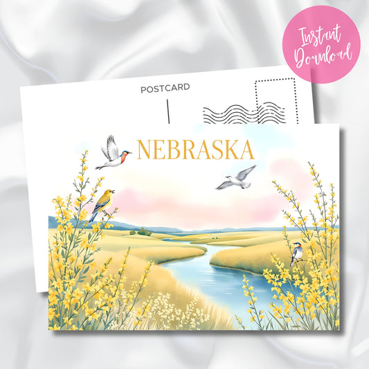 Nebraska printable bird art featuring colorful songbirds in yellow prairie foliage with river and mountains, set on satin background.