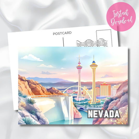 Instant download Nevada digital postcard with canyon cliffs, space tower skyline, and pastel sky printed on satin backdrop