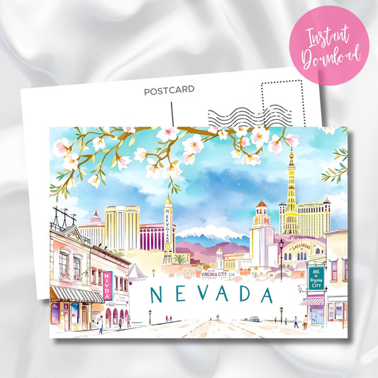 Instant download Nevada skyline art with downtown architecture, blue mountains, and white blossom arch on satin background.