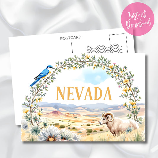 Instant download Nevada desert wildlife print featuring bighorn ram, sagebrush blooms, and bird under floral garland on satin backdrop.