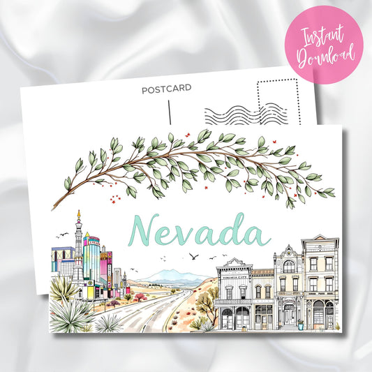 Instant download Nevada road trip illustration showing desert highway leading from Vegas towers to vintage storefronts, framed by leafy arch.
