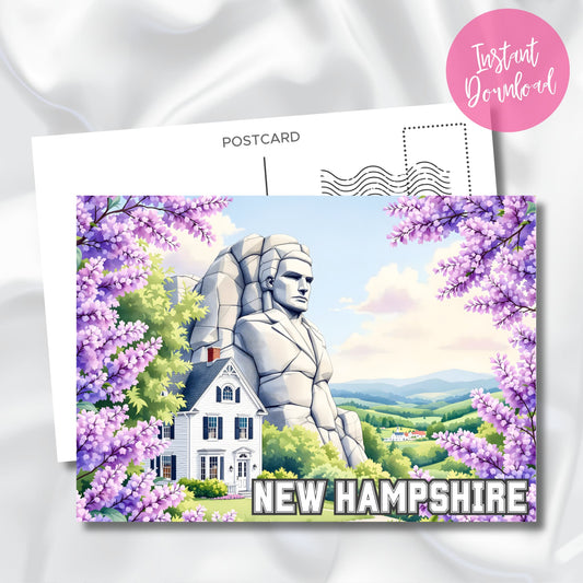 Instant download digital art of New Hampshire featuring flowering lilac arch, rock face monument, and farmhouse in rolling hills.