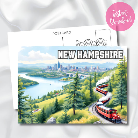 Red scenic train postcard illustration with trees, mountains, and New Hampshire city view — instant digital download art.