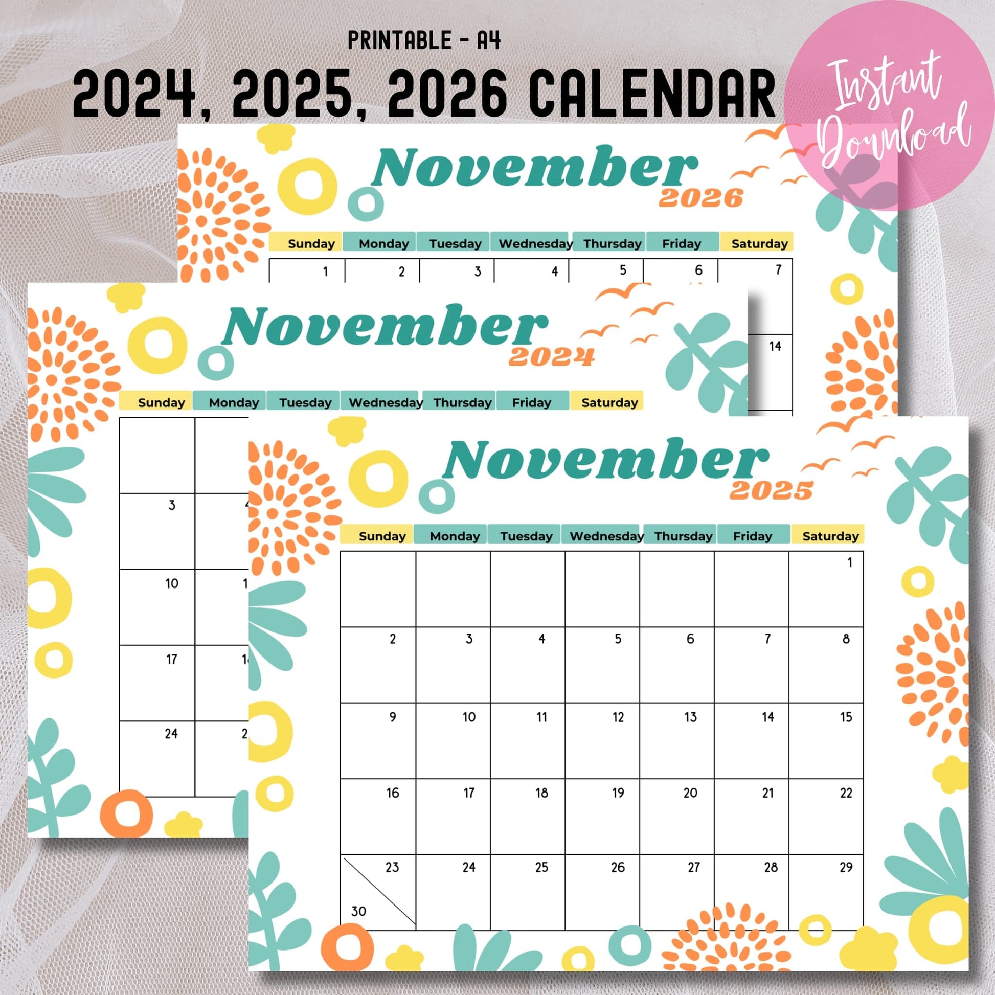 A4 printable November calendar set 2024-2026 with pink instant download badge, featuring modern mint leaves and orange sunburst patterns on textured white background