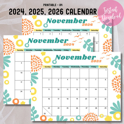 A4 printable November calendar set 2024-2026 with pink instant download badge, featuring modern mint leaves and orange sunburst patterns on textured white background