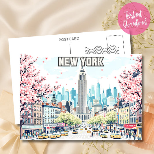 Instant download New York City desk art featuring Empire State Building framed by pink cherry blossoms.