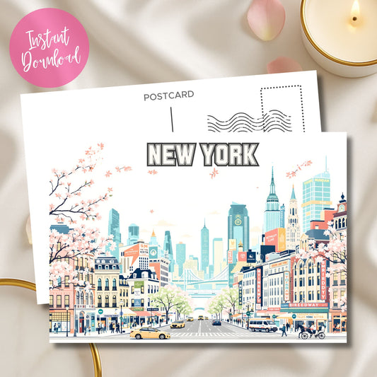 Instant download New York City desk art print with Manhattan skyline in elegant pink and gold styling