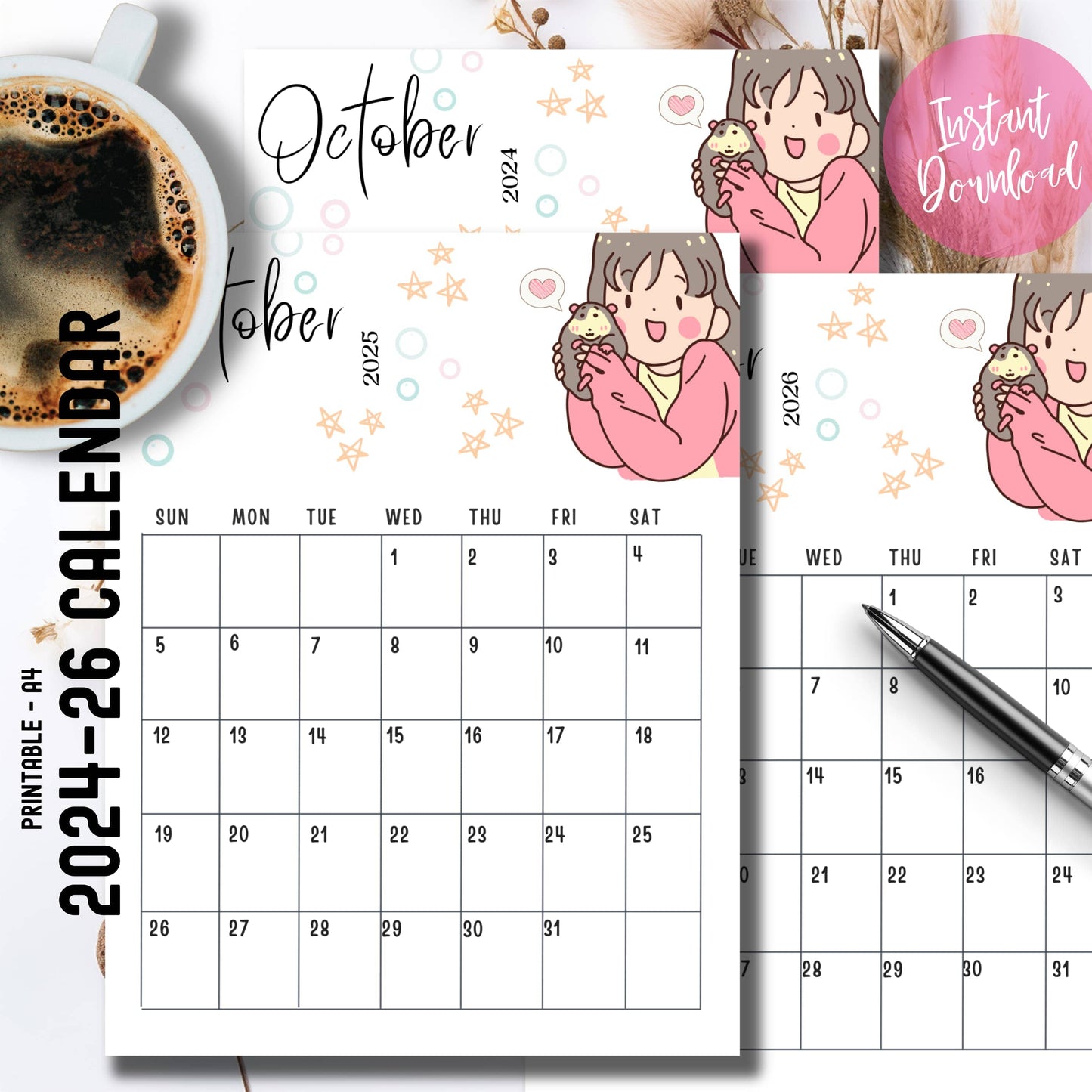 October 2024-2026 kawaii calendar planners with chibi girl illustration, instant download badge, coffee cup, and pen, showcasing printable layout.