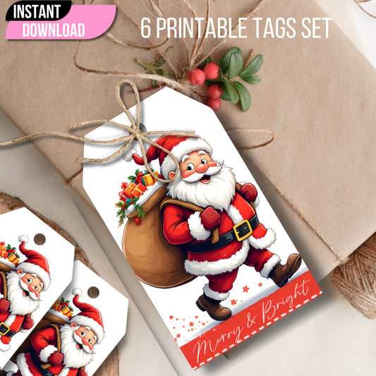 Christmas gift tag with detailed jolly Santa illustration tied with rustic twine, featuring holly berries and 'Merry & Bright' text, instant download banner included