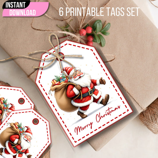 Closeup of printable Christmas gift tag with Santa illustration and red stitched border, tied with rustic twine, instant download banner included on kraft paper background