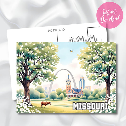Instant download Missouri postcard with scenic arch view, courthouse, magnolia blossoms, and grazing mule in springtime