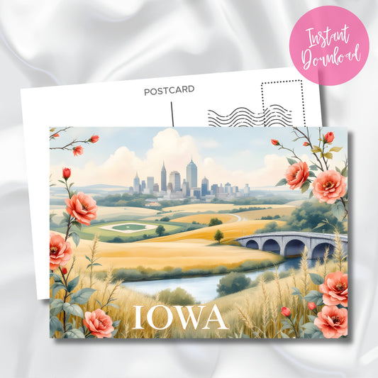 Digital download Iowa souvenir postcard highlighting urban-rural contrast with Des Moines skyline, meandering river, and golden wheat fields. Features floral frame and instant download badge.