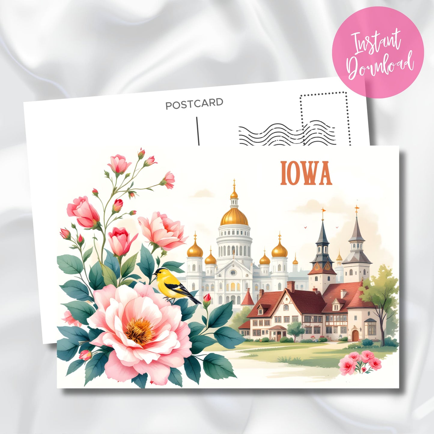 Digital download Iowa souvenir postcard highlighting state capitol's golden dome architecture and historic buildings. Features state symbols - wild rose and goldfinch - in romantic watercolor style with instant download badge.