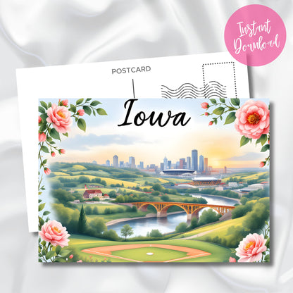 Digital download Iowa souvenir postcard highlighting golf course landscape, city architecture, and historic bridge. Features romantic rose border, calligraphic state name, and instant download badge against marble background.