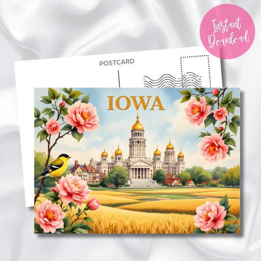 Digital download Iowa souvenir postcard highlighting golf course landscape, city architecture, and historic bridge. Features romantic rose border, calligraphic state name, and instant download badge against marble background.