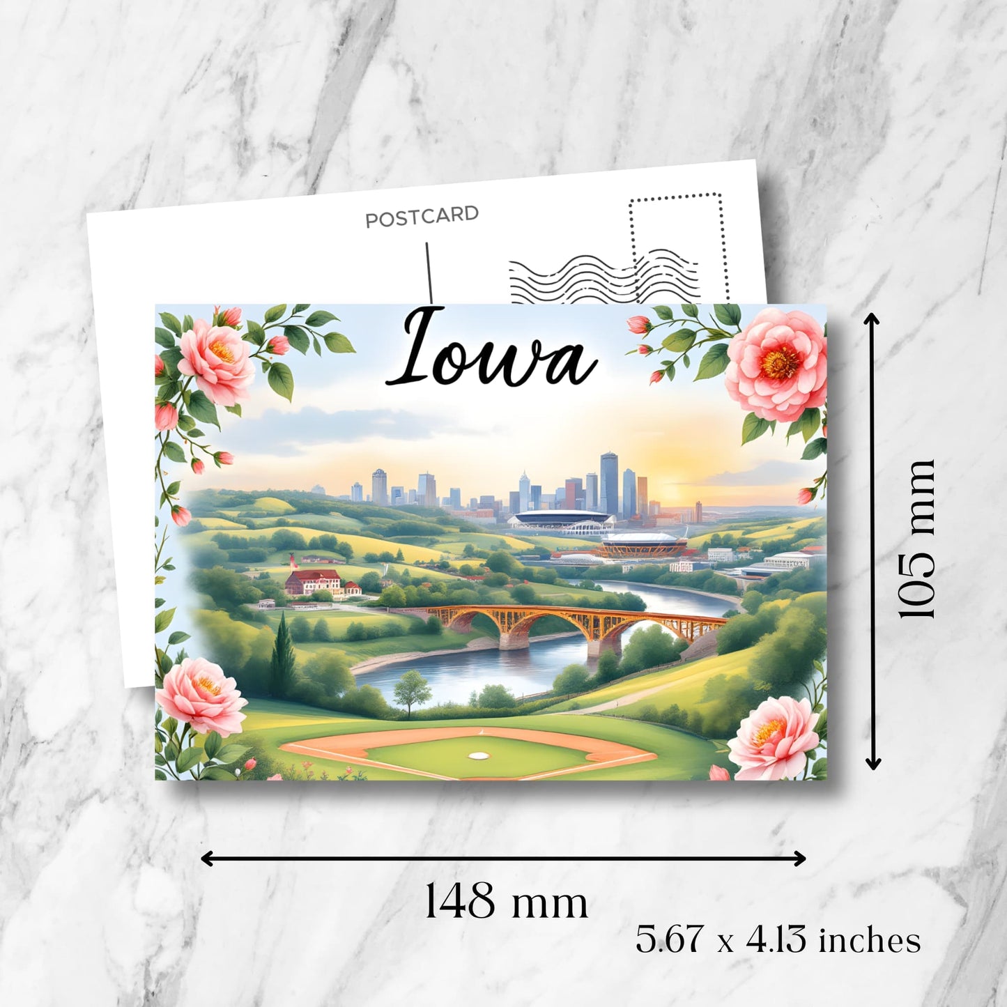 Iowa scenic postcard with size guide (148x105mm/5.67x4.13 inches) displaying golf course fairways, riverside bridge, and city skyline. Decorated with pink roses and standard postcard template.