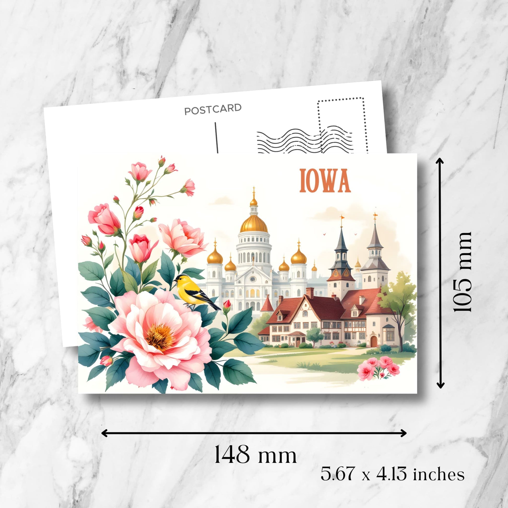 Iowa state postcard size guide (148x105mm/5.67x4.13 inches) showcasing Capitol complex with American Goldfinch and wild rose blooms. Features white marble-style template with standard postcard markings.