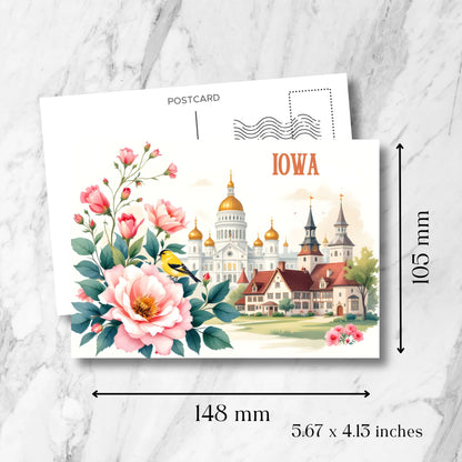 Iowa state postcard size guide (148x105mm/5.67x4.13 inches) showcasing Capitol complex with American Goldfinch and wild rose blooms. Features white marble-style template with standard postcard markings.