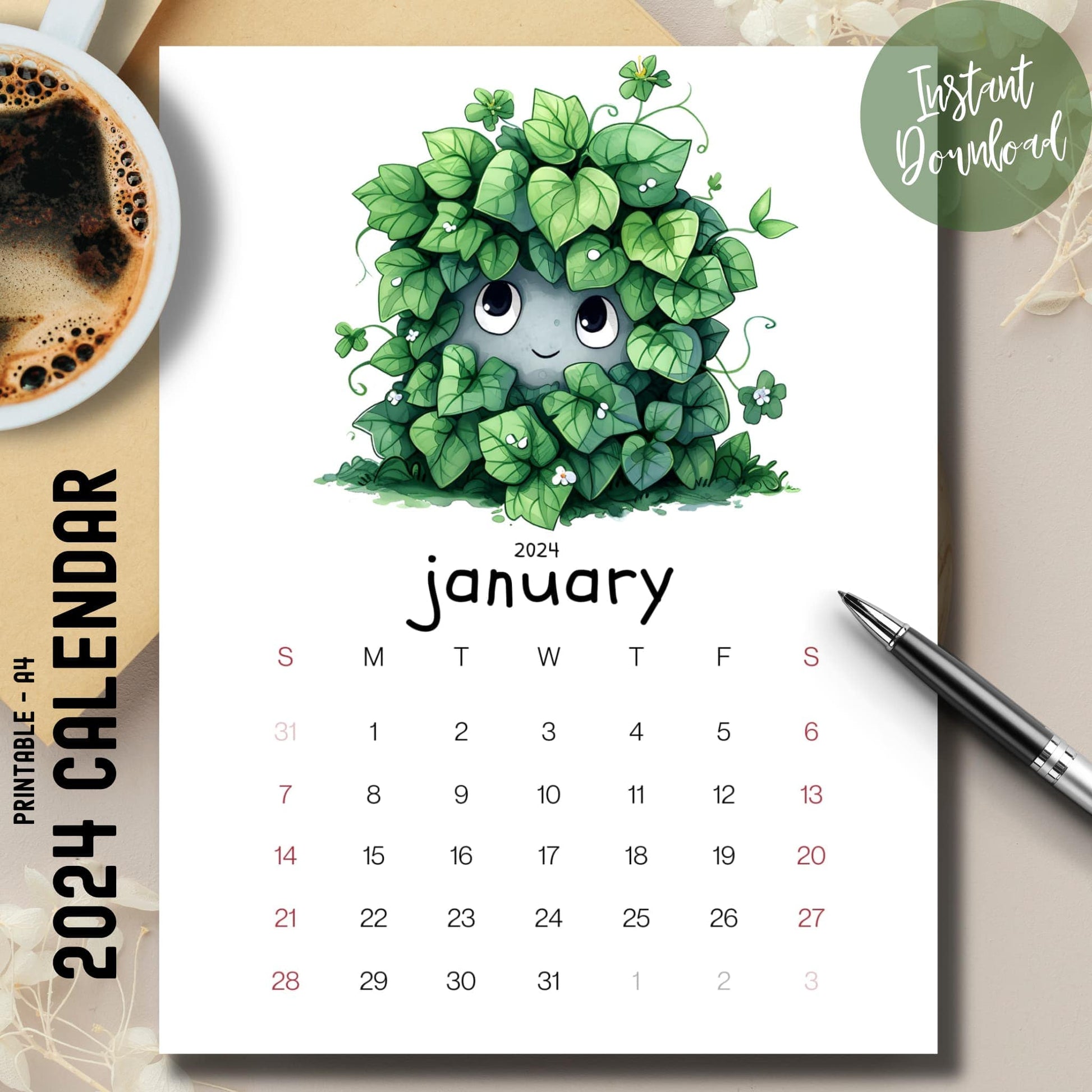 Ivy Intrigue January 2024-25 calendar on brown desk with coffee cup and pen.
