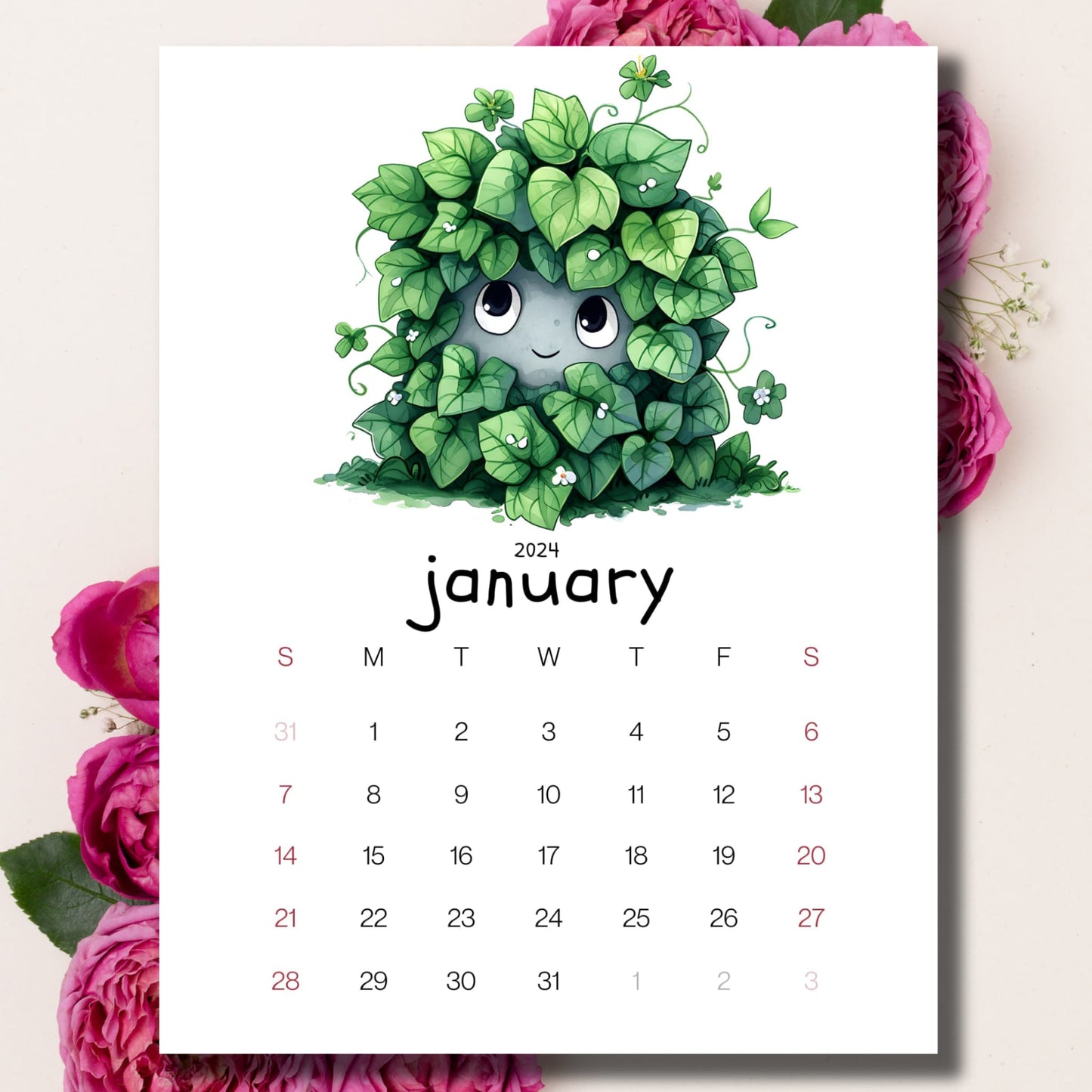 Ivy Intrigue January 2024 calendar on beige background with pink peonies.