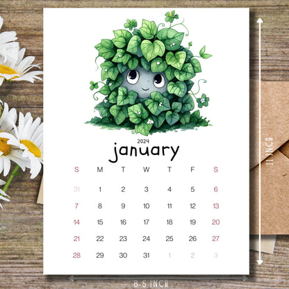  Ivy Intrigue January 2024 calendar on wooden desk with white flowers and size guide.