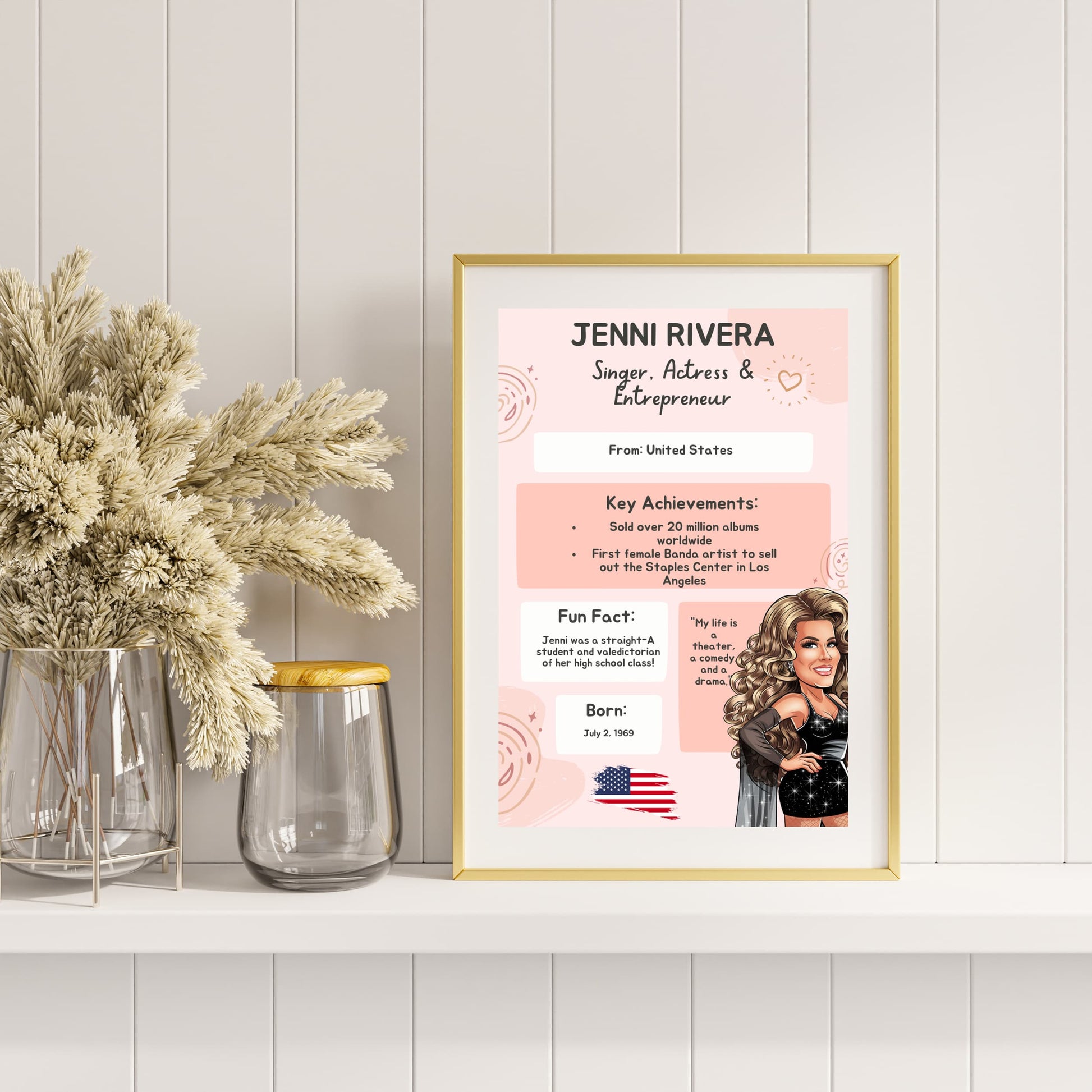 Framed mini-biography poster of Jenni Rivera showing key achievements and fun facts