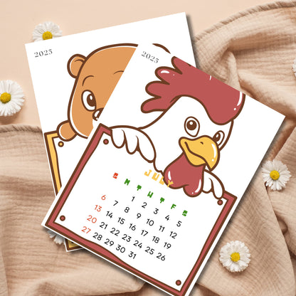 July 2025 calendar featuring cartoon bear and rooster characters. Colorful calendar grid with Sunday-start layout, decorated with daisy flowers on beige fabric background.