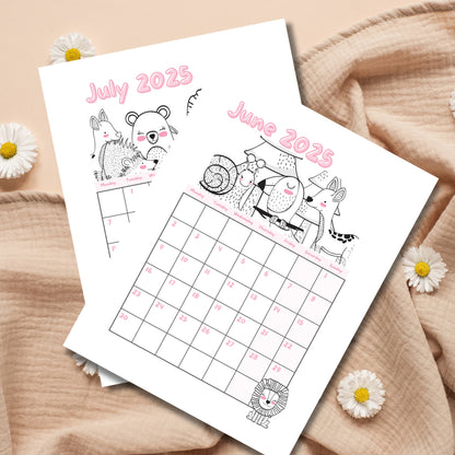 June and July 2025 printable calendar with black and pink line art animals. Monday-start layout with daisy flower decorations on natural fabric background.