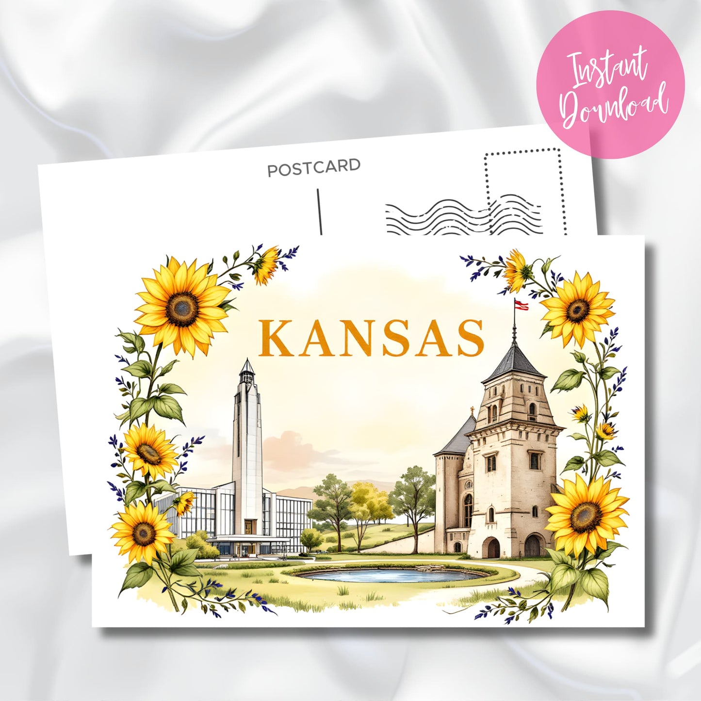 Digital download Kansas souvenir postcard highlighting university architecture with contrasting historic tower and modern building. Features sunflower and lavender botanical frame with instant download badge.