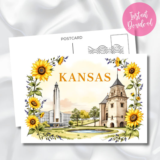 Digital download Kansas souvenir postcard highlighting university architecture with contrasting historic tower and modern building. Features sunflower and lavender botanical frame with instant download badge.