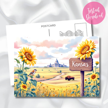 Digital download Kansas souvenir postcard showcasing pastoral scene with state capitol, sunflower border, and scenic prairie. Features buffalo, state bird, and rustic wooden sign with instant download badge.