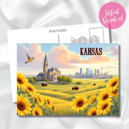 Digital download Kansas souvenir postcard highlighting rural and urban contrast with cathedral spires, sunflower border, and roaming buffalo. Features sunset sky and instant download badge.